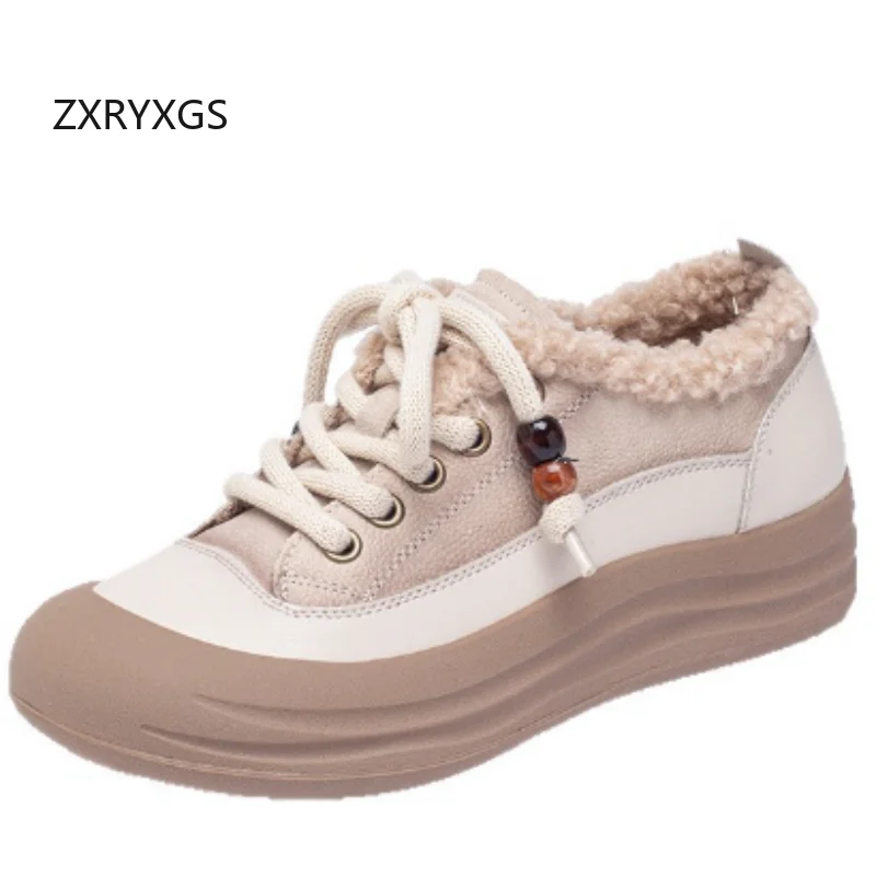 ZXRYXGS 2025 New Top Cowhide Lace-up Winter Sneakers Warm Shoes Flat Thick Sole Elevator Shoes Women Sneakers Trendy Snow Shoes