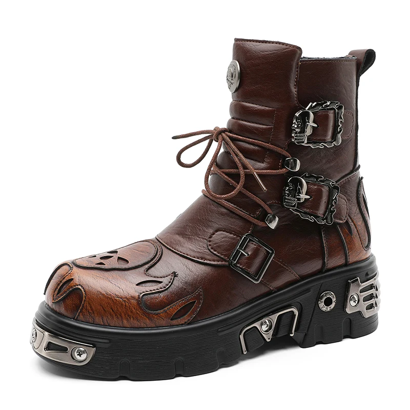 Punk Style Retro Cool Skull Flame Personalized Men's Shoes Thick-Soled Height-Increasing Street Motorcycle Boots
