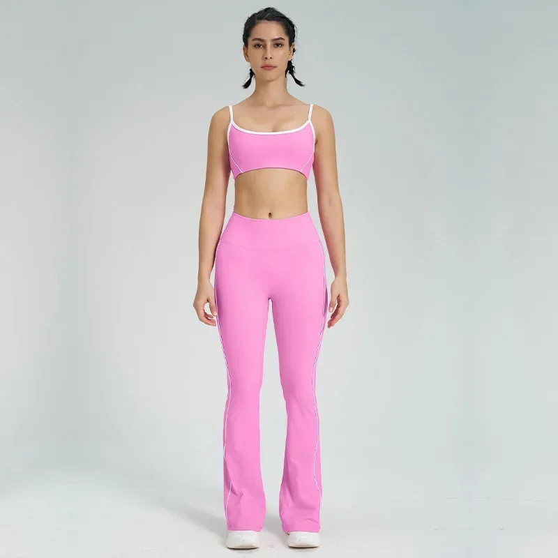 2 Pcs Seamless Yoga Set Women Pink Contrast Shockproof Sport Bra Top Fitness High Waist Flare Leggings Running Sets Tracksuits