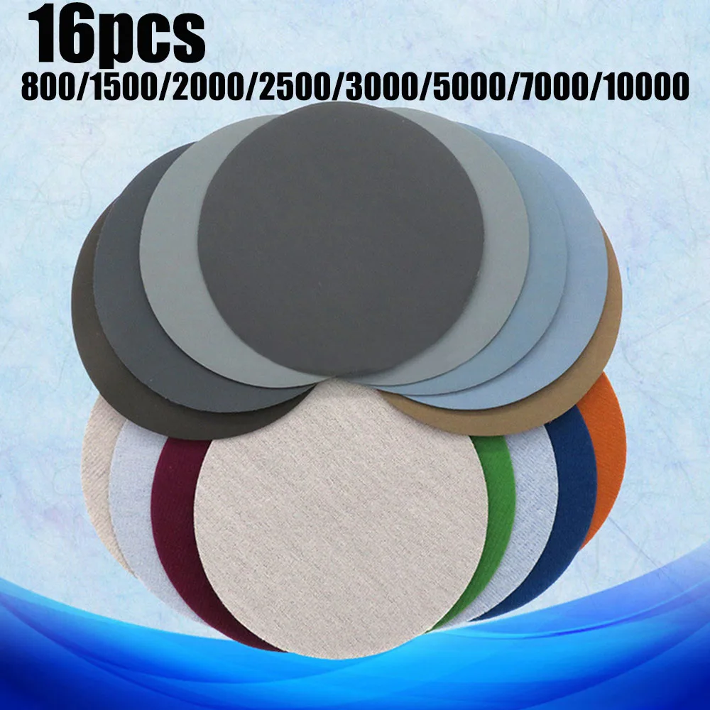 Disques abrasifs ronds en papier de verre, 5 pouces, 125MM, crochet et boucle d'eau humide, grain 800/1500/2000/2500/3000/5000/7000/10000, haute qualité, 16 pièces