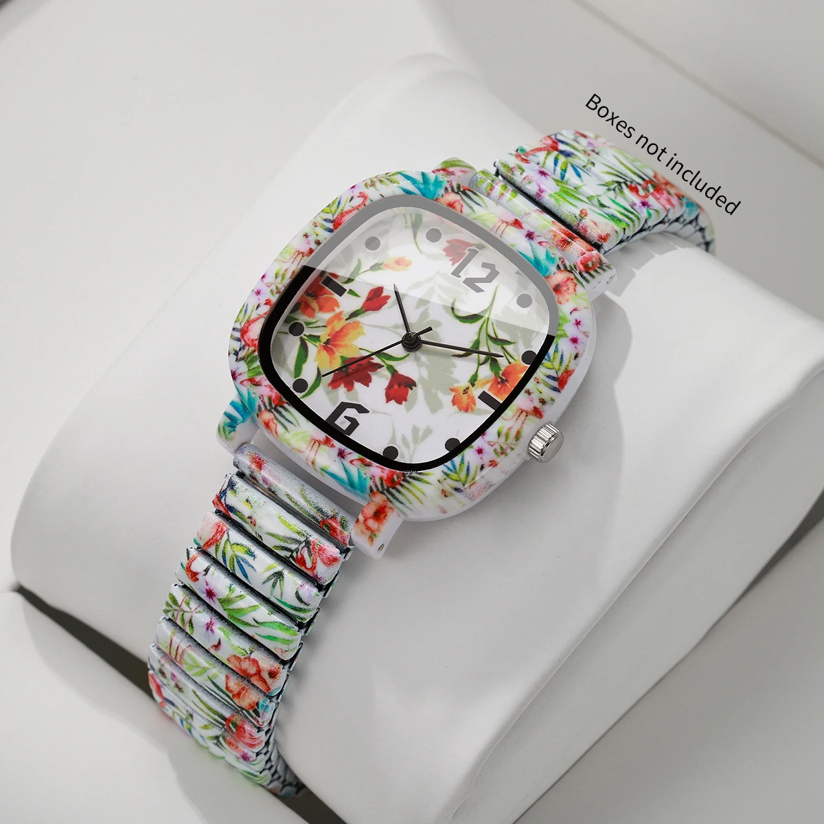 Fashion Flowers Printed Square Women's Quartz Watch Elastic Stretch Strap Ladies Wristwatches Relogio Feminino（Without Box）