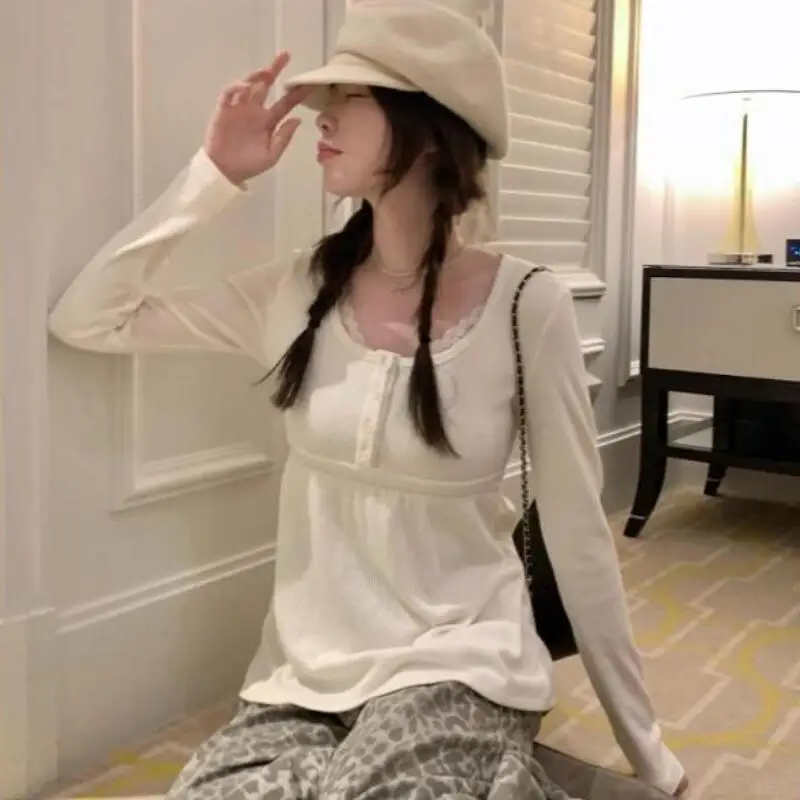 

Korean Style Women Doll Shirt T Shirt Long Sleeve Lace Top Spring and Summer Button Round Neck Slimming Sweet Long Sleeve Top