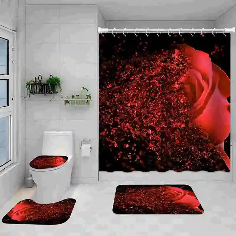 Romantic Rose Print 3D Shower Curtain Waterproof Polyester Bathroom Curtain Set Toilet Lid Cover and Bath Mat Valentine's Day