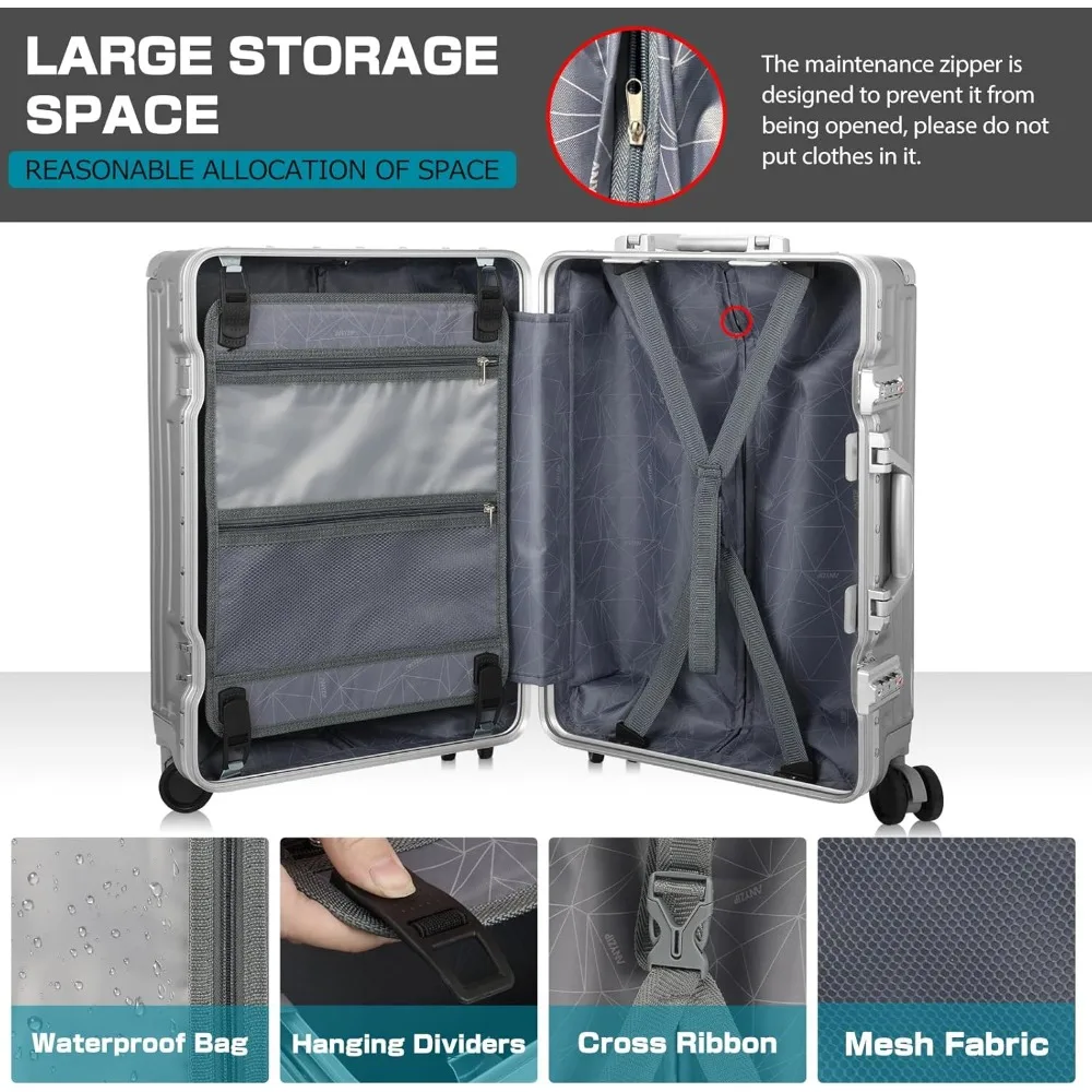 Maleta de equipaje con cerradura TSA de carcasa dura con marco de aluminio, sin cremallera, esencial de viaje plateado de 28 pulgadas