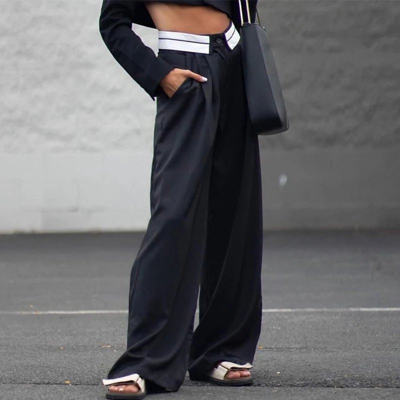 

Ardm Casual High Waist Splice Contrast Color Loose Black Spring брюки женские Street Neutral Minimalism Wide Leg Trousers