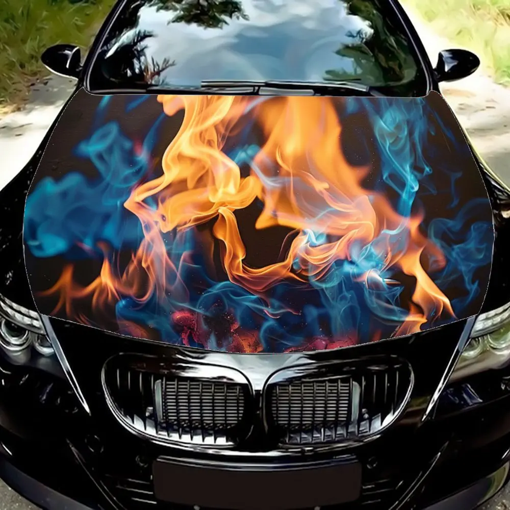 

Burning Orange Blue Flames Smoke Car Hood Wrap Color Vinyl Sticker Truck Graphic Bonnet Auto Accessories Decoration Decal Gift