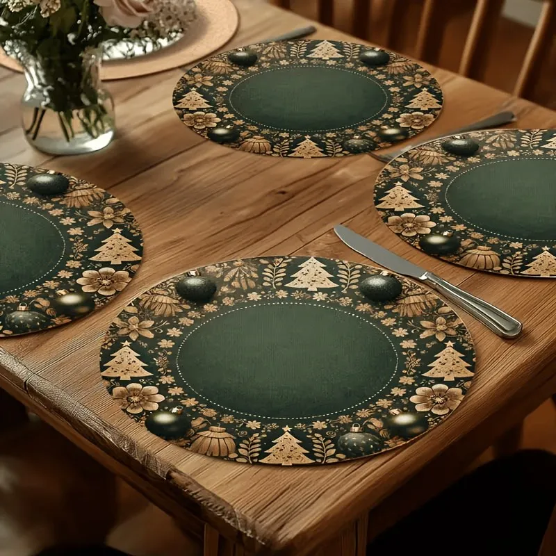 VIKAMA Linen Oval Placemat, Dark Green Gold Christmas Border, Washable Stain Resistant Easy Clean, Holiday Dinner Table