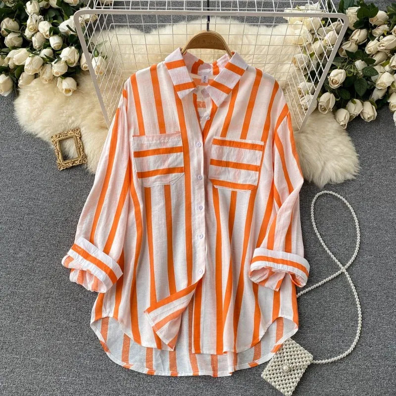 

Long Sleeve Shirt Vertical Stripe Shirt Lapel Autumn New Medium-length Blouse Womenswear Jacket Casual Loose Office Lady Tops