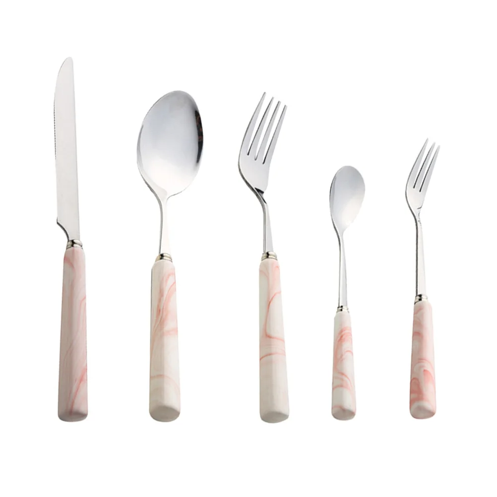 

5pcs Stainless Steel Cutlery Set Marble Flatware Knife Fork Spoon Set For Home Restaurant Picnic Travel Rust Resistant