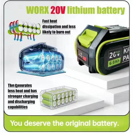 Rechargeable WORX 20V 6.0/4.0Ah Lithium‑ion Battery WA3551 WA3553 WA3641 Overheat Protection Replacement Power Tool Battery