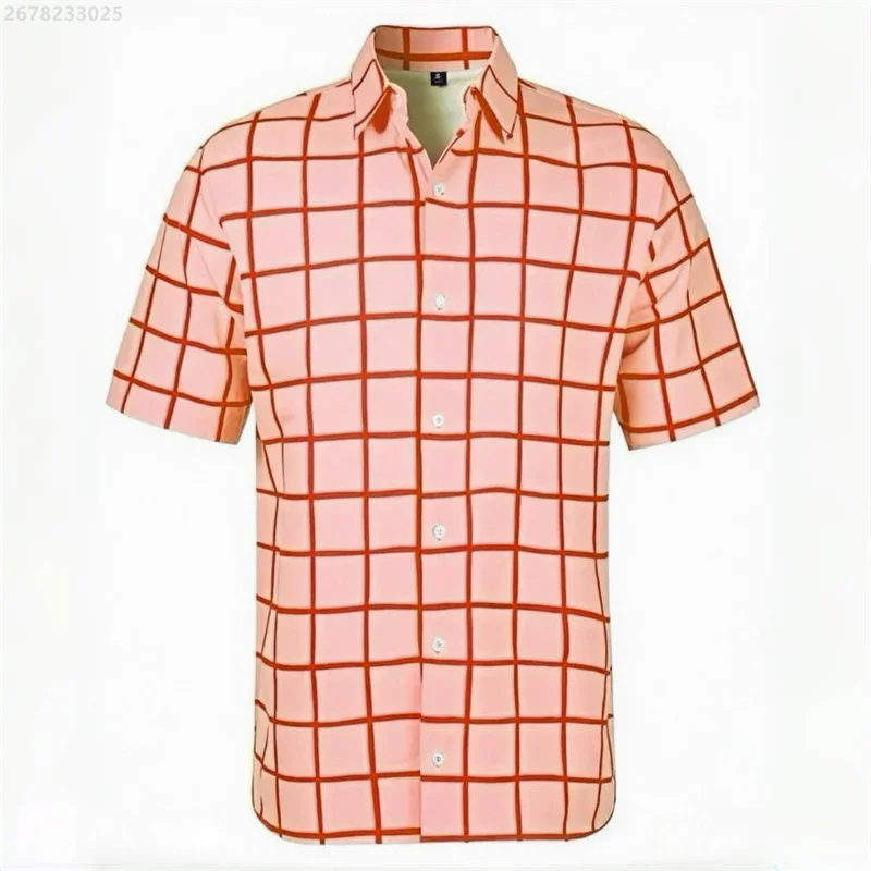 2026 New Men's Shirt Short-sleeved Shirt Hawaiian Style Red and Blue Plaid Lapel Casual Breathable Non-iron Vacation Street Wear