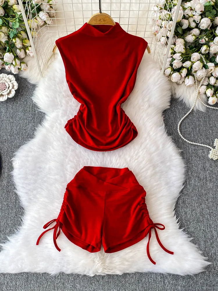 

Sweet And Spicy f High Collar Svel Vest Pleated Waist ort Top plus High Waist Slimming Dstring orts Two Piece...