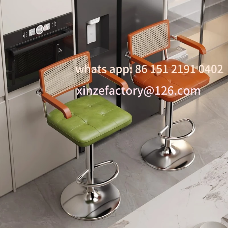 كرسي مسند ظهر من الخيزران قابل للرفع وقابل للتخصيص لمقعد دوار لجزيرة المطبخ مع مسند للقدمين حديث R