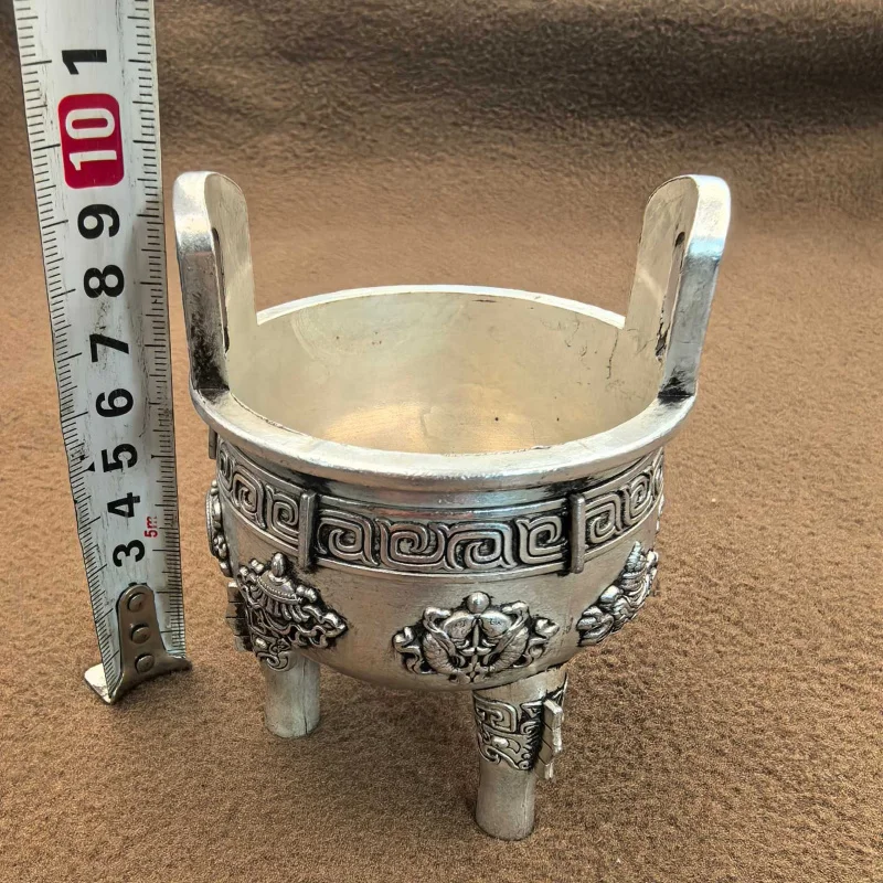 Antique Copper Silver-Plated Three-Legged Tripod Small Eight Treasures Round Tripod Room Vintage Nostalgic Ornament Craft