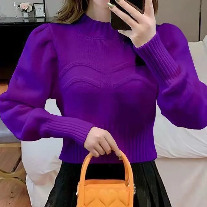 Female Korean Vintage Solid Color Sweaters Autumn Winter Fashion All-match Short Half High Collar Knitted Tops Women\'s Clothing