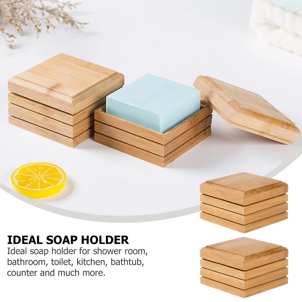 

2Pcs Bamboo Soap Dish Drying Holder Practical Lid Design Smooth Lines Bathroom Toilet Kitchen Soap Container Khaki