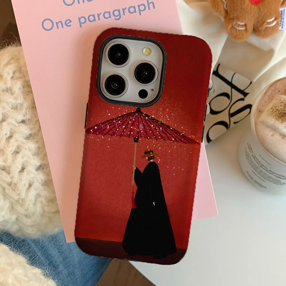 Korean Golden Flash Red Umbrella Girl 2-in-1 Fashion Case for IPhone 15 14 13 Pro Max Back Phone Cover for 12 11 Pro Max XR Capa