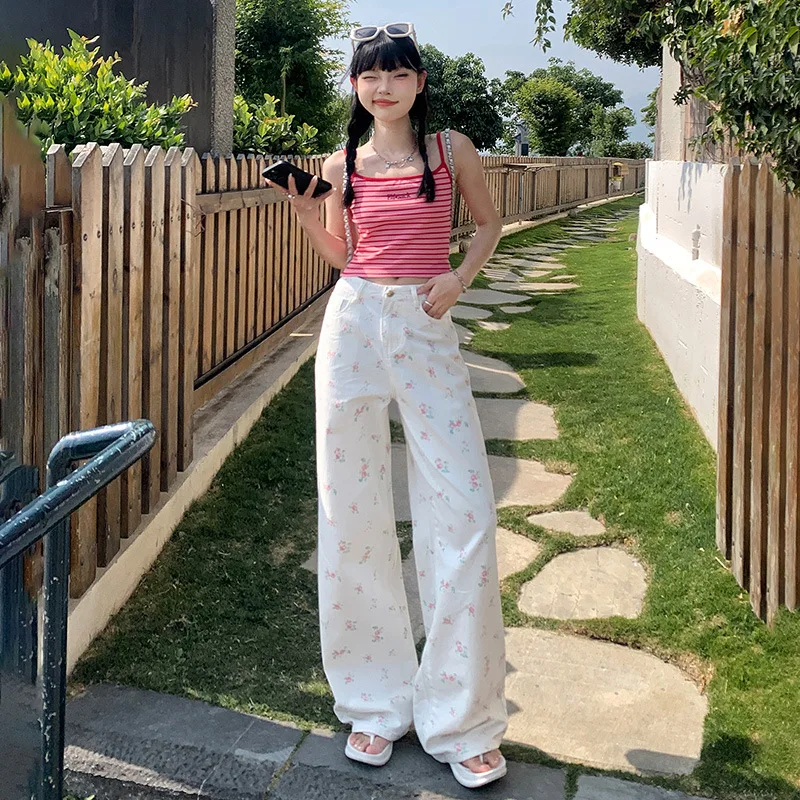

2026 Spring New Small Fresh White Floral Design Straight Tube Cotton Slimming Pants for Women