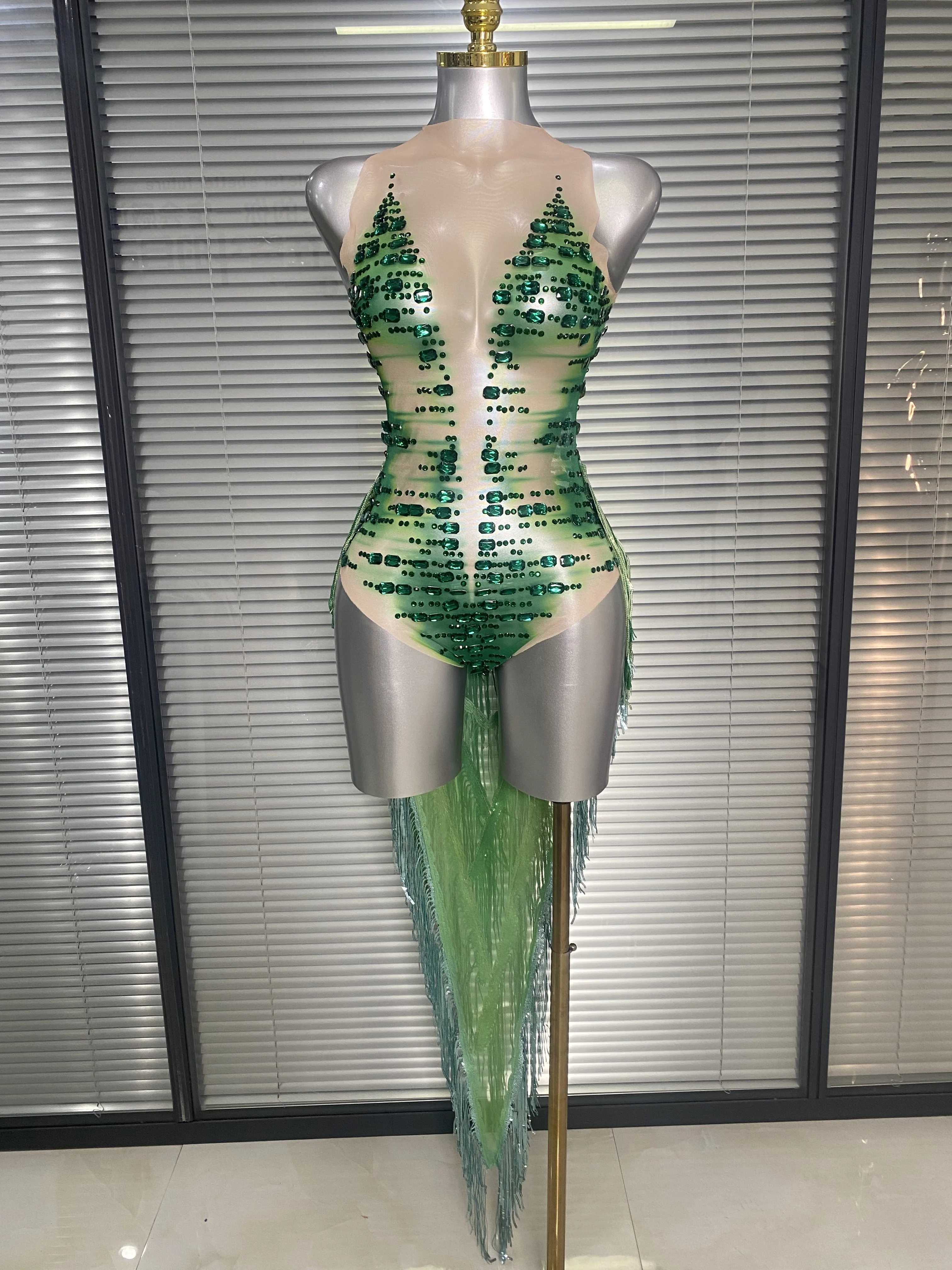 Sparkly Crystal Rhinestone Sleeveless Tassels See Through Mesh Bodysuit Women Sexy Backless One piece Stage Performance Costume