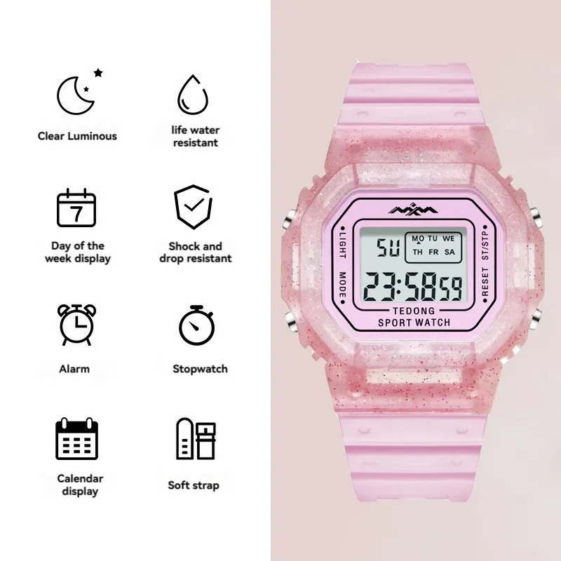 Correa de silicona para mujer, reloj digital multifuncional con calendario y despertador, luz nocturna, resistente al agua