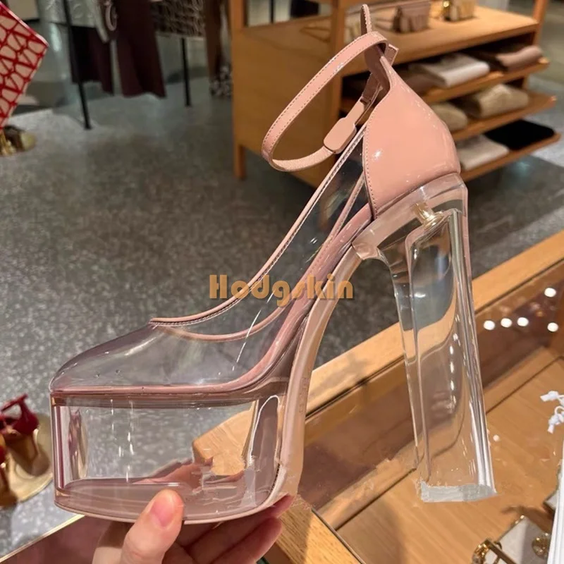 

Sexy Clear Crystal High Heel Sandals Pointed Toe Platform Buckle Ankle Straps Square Heeled 2024 Women Outdoor Party Dress Shoes