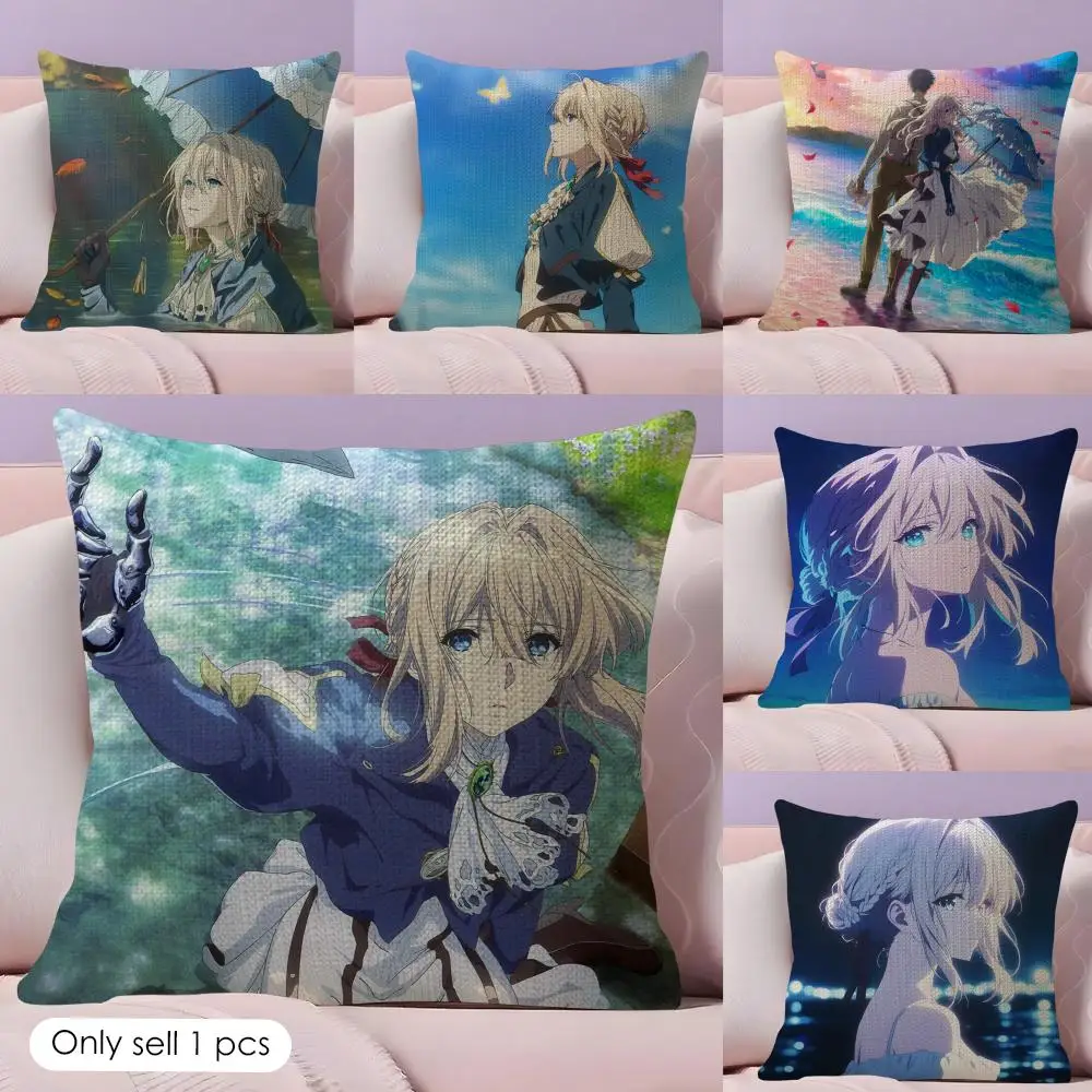 Violet E-Evergarden Anime Cushion Cover Natural Linen Double Sided Print  Throw Pillow Case for Sofa Couch Home Decor