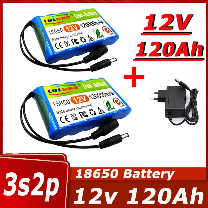 Portable large capacity lithium-ion battery BMS 3S2P 120000mAh 12V 18650 battery monitoring, audio, LED lights+charger