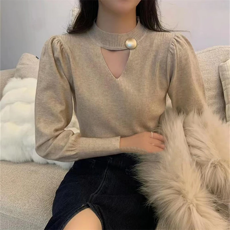 Women Trendy Sexy Hollow Design Elegant Chic Knitwears Spring Autumn Female Solid Long Sleeve Slim Pullover Tops Casual Jumpers