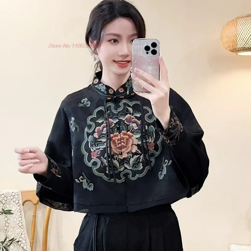 2024 chinese vintage ethnic coat national flower embroidery satin jacquard folk jacket oriental hanfu tops retro shawl cloak