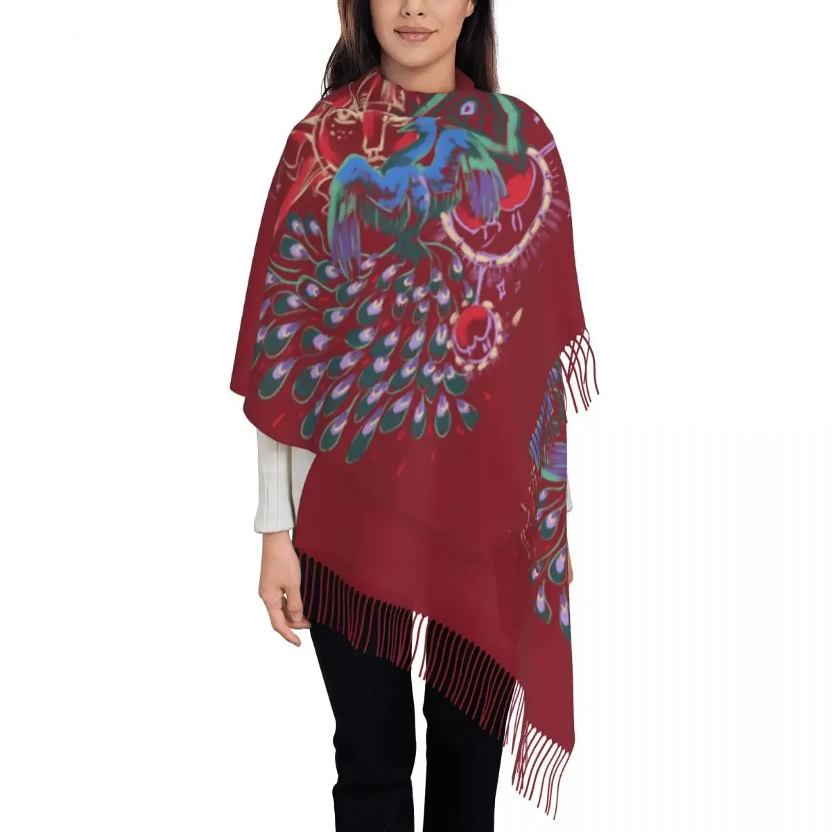 Female Scarf Outdoor Sun Moon Graffiti Large Scarves with Long Tassel Peacock Popular Shawl Wraps Winter Designer Bufanda Mujer