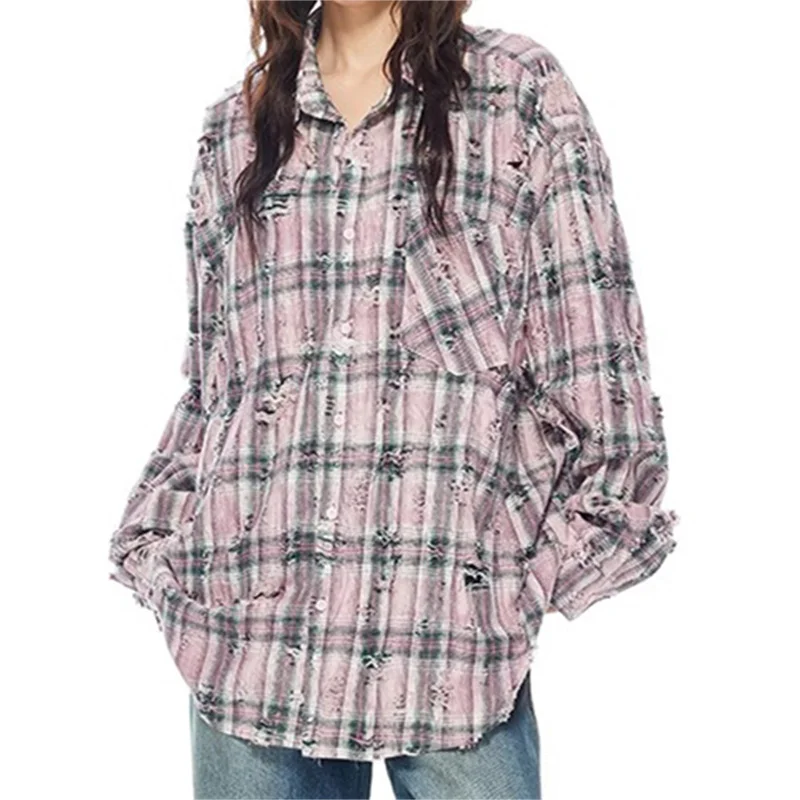 

2024 korean dongdaemun autumn new in Vintage Distressed Women's blouse pure cotton long sleeved top Fashion plaid women's shirt