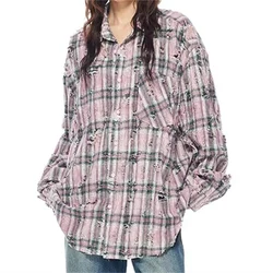 2024 korean dongdaemun autumn new in Vintage Distressed Women's blouse pure cotton long sleeved top Fashion plaid women's shirt