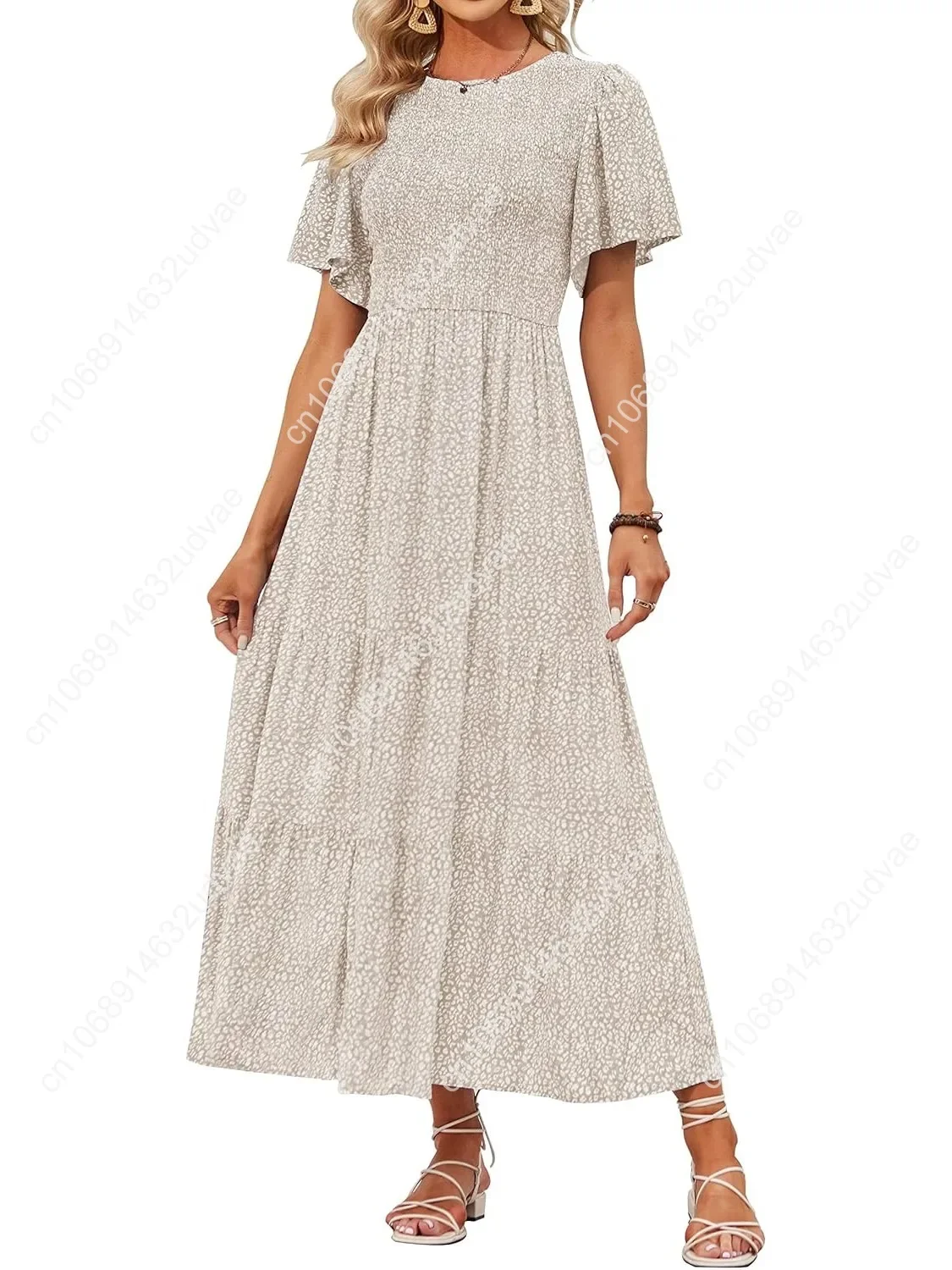 

2025 Summer Casual Floral Print Women's Short Flutter Sleeve Crew Neck Smocked High Waist Flowy Maxi Dress