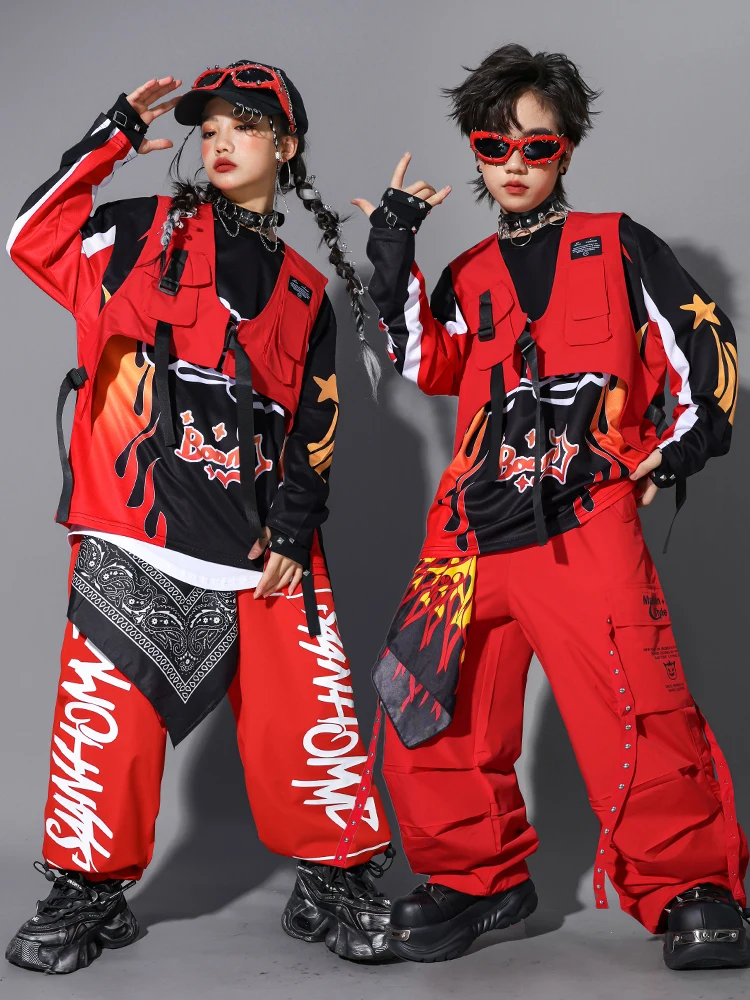Neue Hip Hop Jungen Coole Langarm-shirt Rote Weste Cargo Hosen Mädchen K-pop Streetwear Kostüm Gruppe Jazz Street Dance kleidung Set