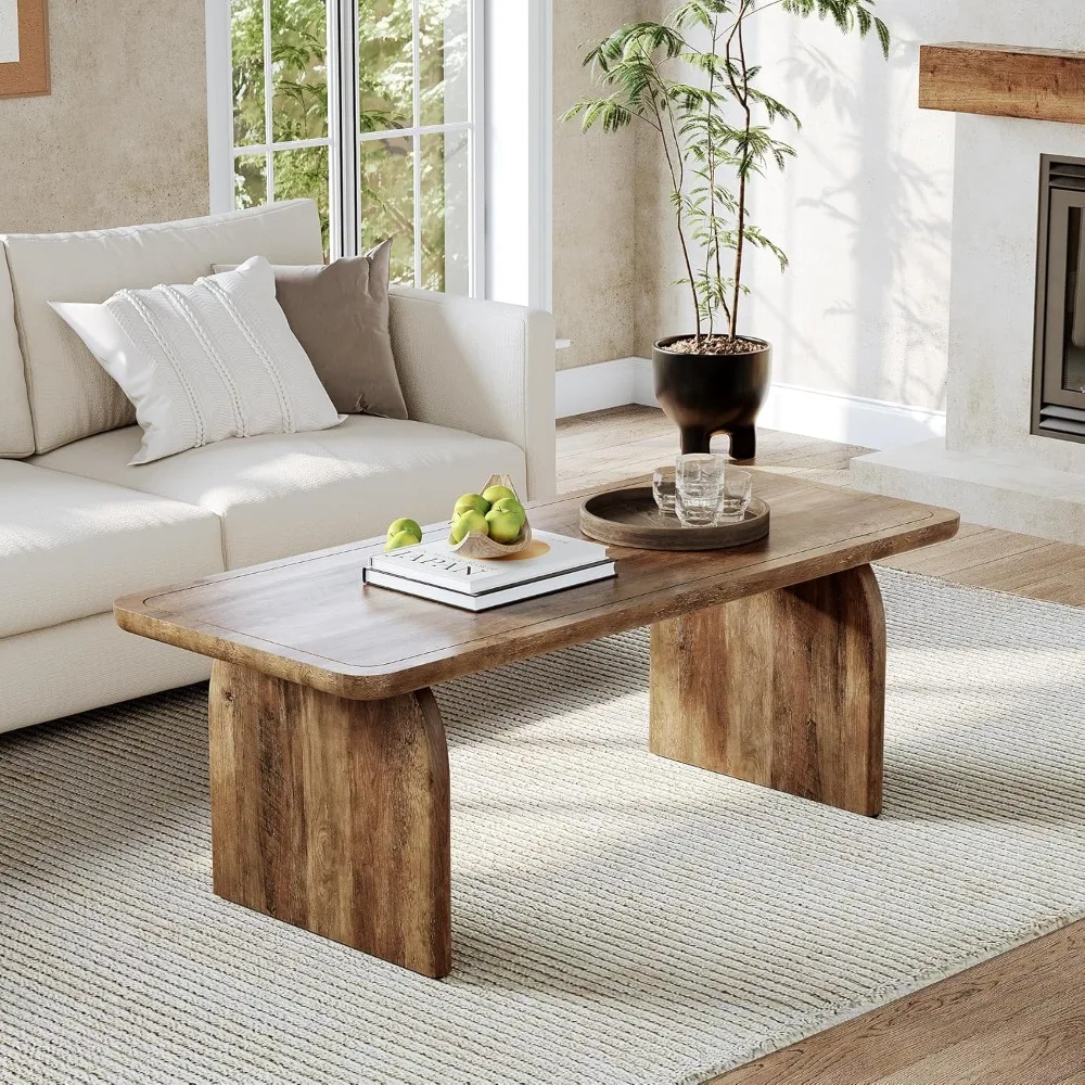 Modern Rectangular Wooden Coffee Table, 47 Farmhouse Style with Rounded Corners for Living Room