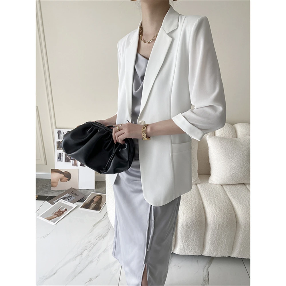 Korean Casual Slim Blazer Coat Office Ladies Tops Outerwear Female Solid Color Simple Temperament Single Button Suit Jacket Gift