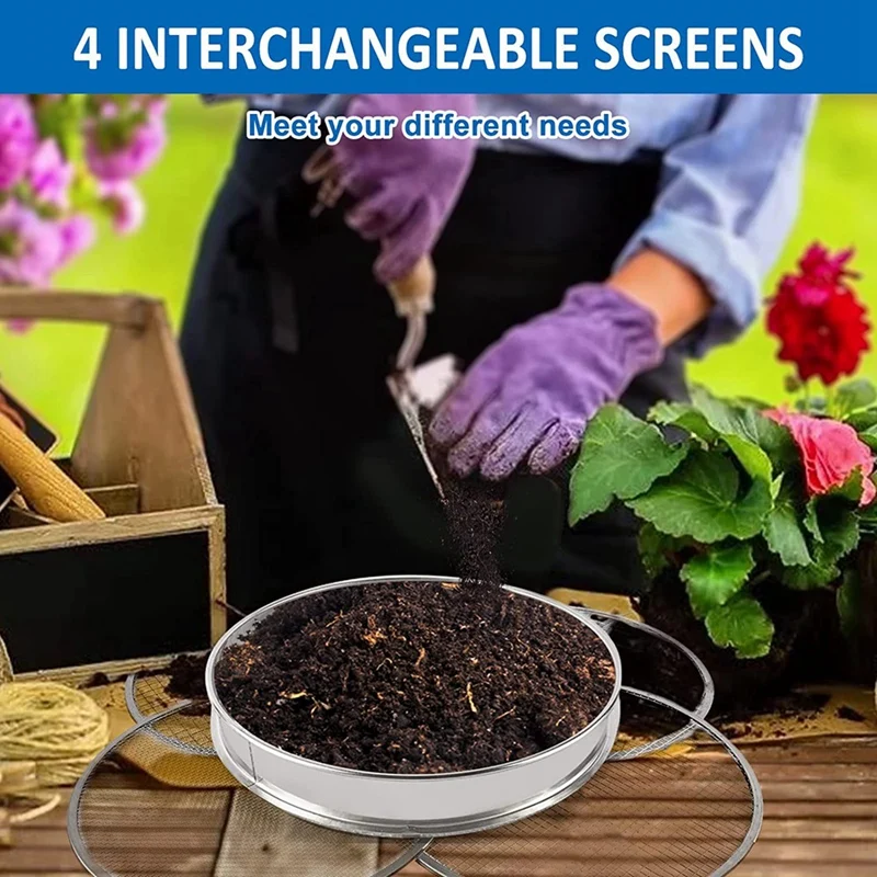 Garten-Topfgeflecht-Sieb-Siebpfanne – Edelstahl-Mischbodenfilter, 4 Siebgeflechtfilter (1/8 Zoll, 1/4 Zoll, 3/8 Zoll und 1/2 Zoll)