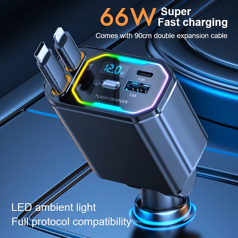 

120w4 in 1 retractable car charger USB C for iPhone Xiaomi Huawei Samsung Fast charging cable cigarette lighter adapter