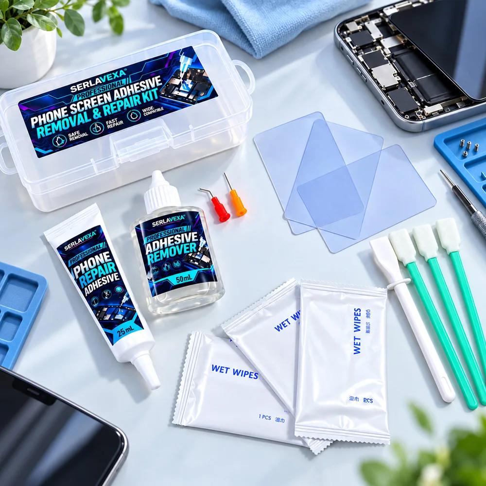 SERLAVEXA 2026 New Phone Repair Tool Kit, Screen Adhesive Glue Remover Set with Tips,Opening Picks, Wet Wipes and Cleaning Swabs