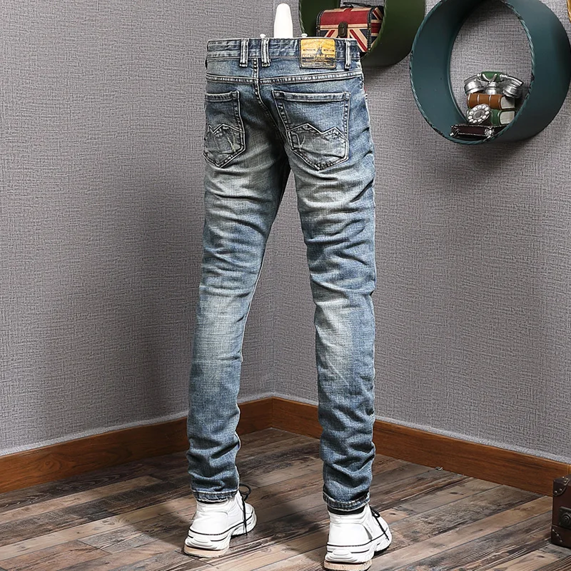 Fashion Designer Men Jeans Retro Washed Blue Elastic Slim Fit Ripped Jeans Men Trousers Embroidery Patched Vintage Denim Pants