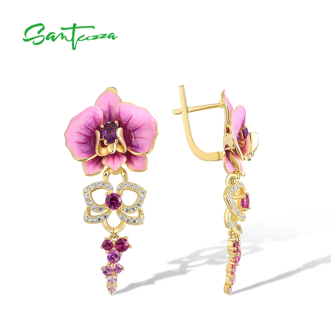 SANTUZZA Real 925 Sterling Silver Earrings For Women Sparkling Created Pink Sapphire Enamel Orchid Flower Delicate Fine Jewelry