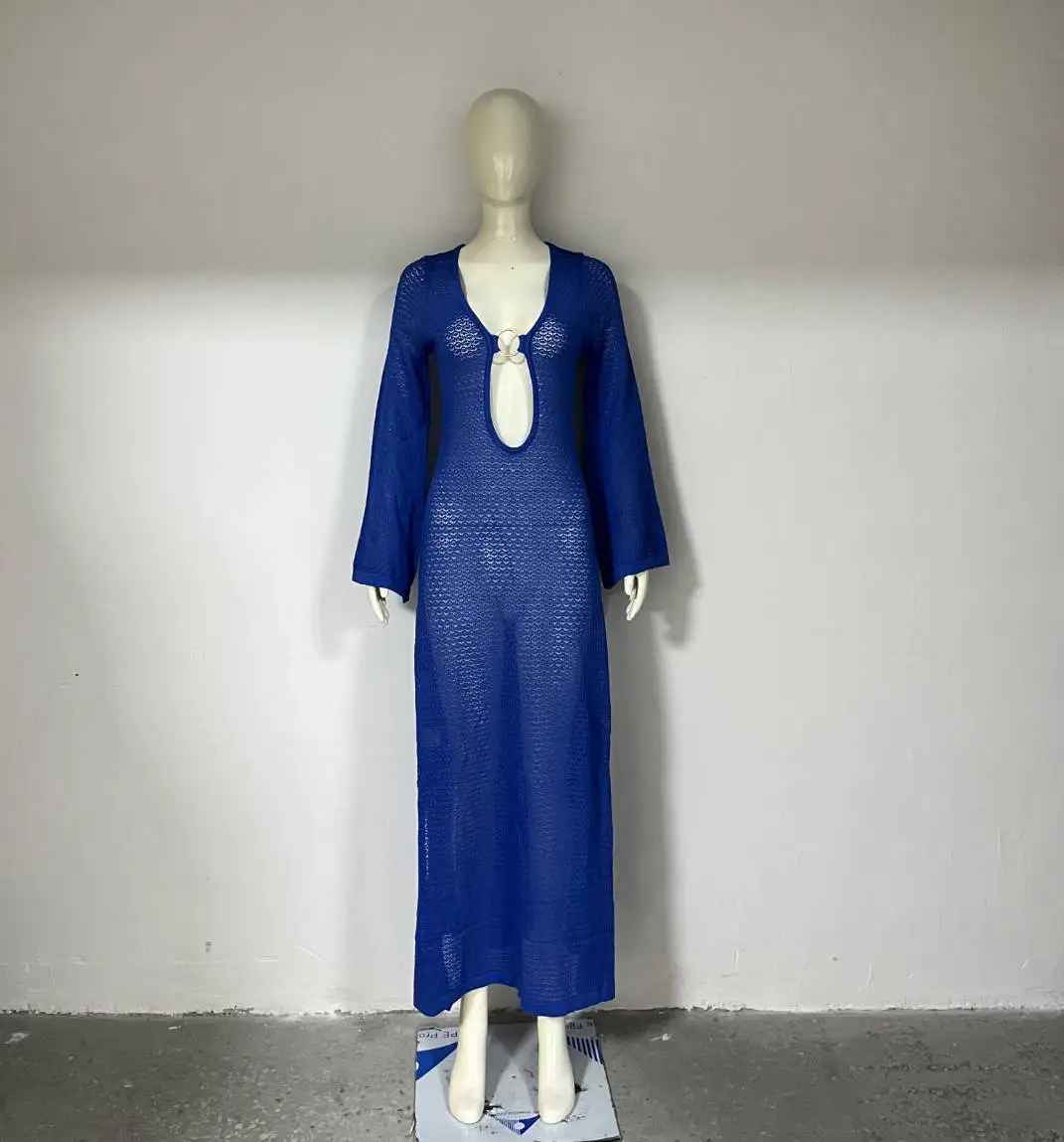 Dsmtrc cor sólida manga longa alargamento cobrir vestido de praia para mulheres estilo bohe oco para fora divisão com decote em v maxi tricô novos vestidos