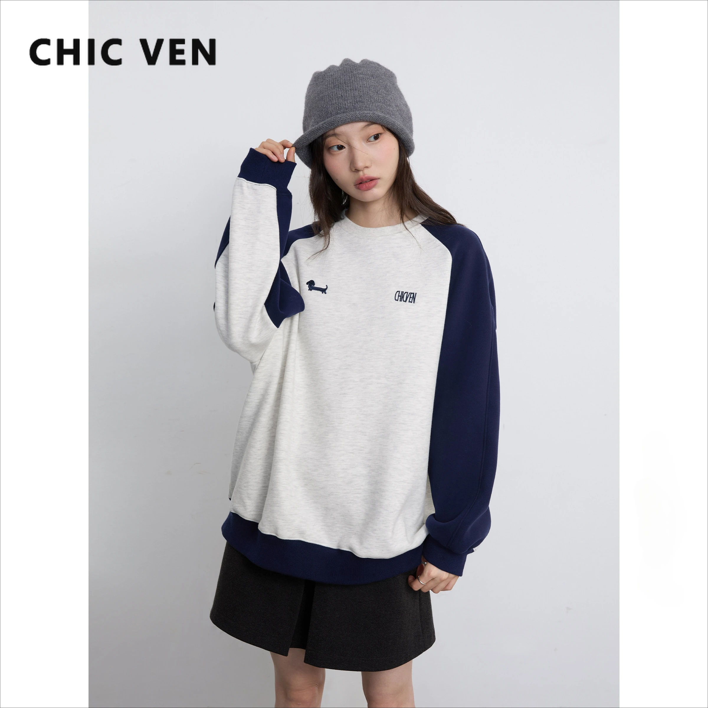 

CHIC VEN Women Sweatshirts Korean Casual Contrast Dog Letter Embroidery O-neck Tops Fashion Lady Clothes Spring Autumn New 2026
