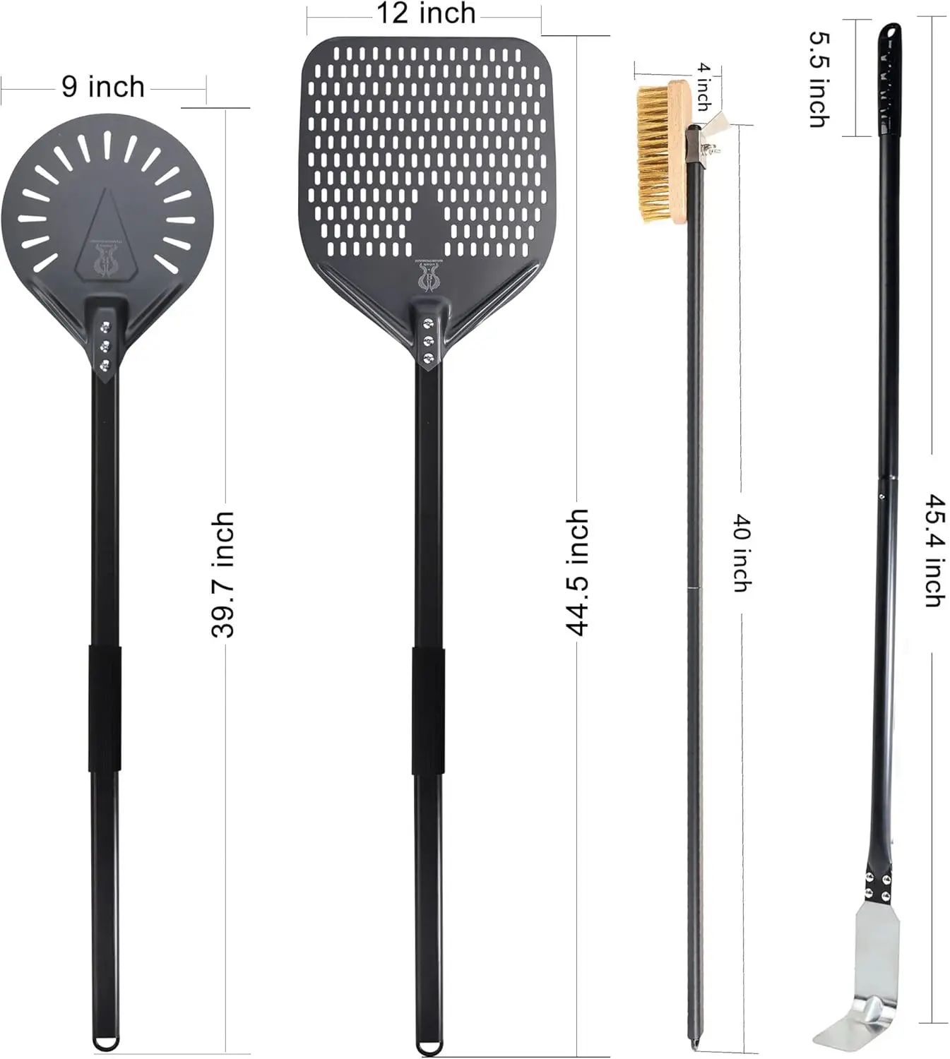 Pizza Turning Peel 9 Inch Perforated Pizza Peel and Pizza Brush Ash Rake 4 Piece Wood Fired Commercial  Oven Utensil Kit