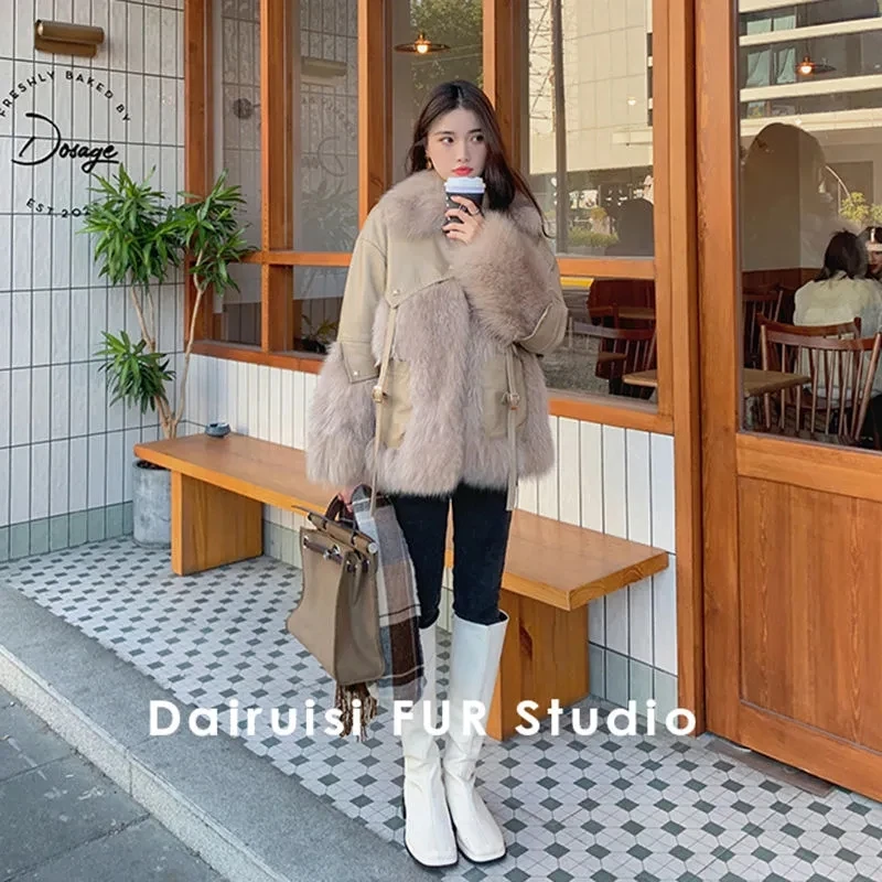 Winter Women\'s Leather Jacket With Real Fox Fur Collar Trim Natural Rabbit Skin With Rabbit Fur Coats Short Style Female