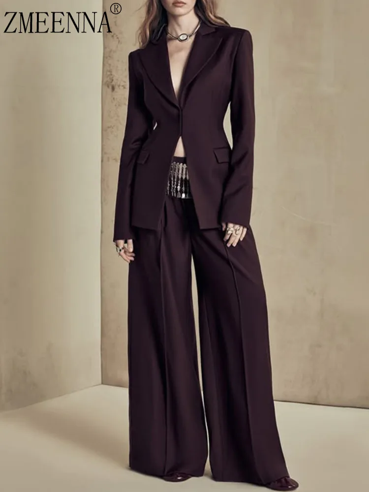 

ZMEENNA Elegant Women's Burgundy Two-Piece Pant Suit Set Classic Blazer And Wide Leg Trousers Ladies Stylish Outfit ZM785