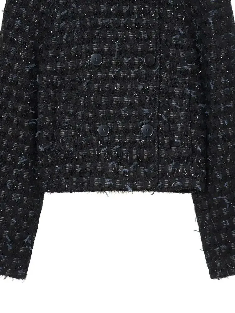 

HH Women's New Fashion Stand Collar Metallic Thread Structure Double-Breasted Coat Female Temperament Casual Woolen Short Jacket