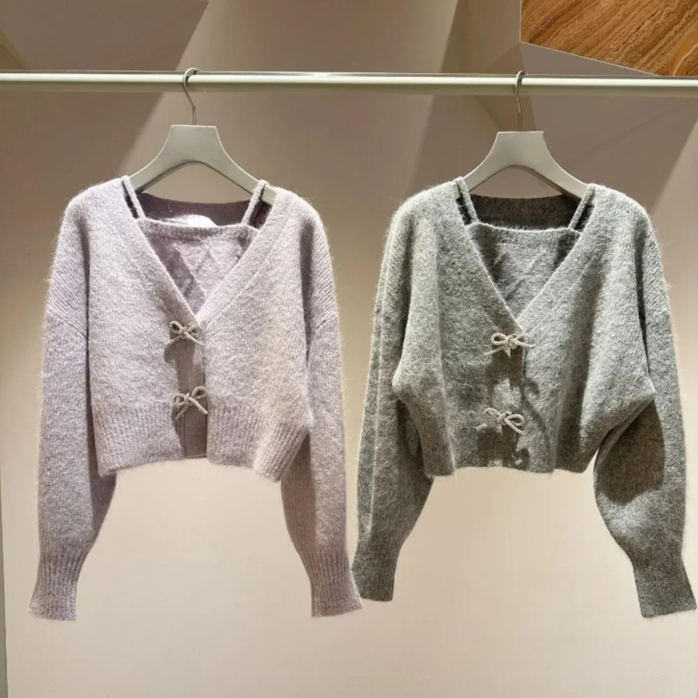 Exquisite Bow Diamonds Button Cardigan V-neck Long Sleeve Solid Sweaters With Camisole Autumn Winter Japanese Women Suit