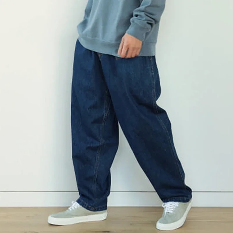 

Japanese Style Loose Straight Jeans Men Drawstring Adjustable Elastic Waist Blue Denim Long Pants Plus Size Trousers Boys XL