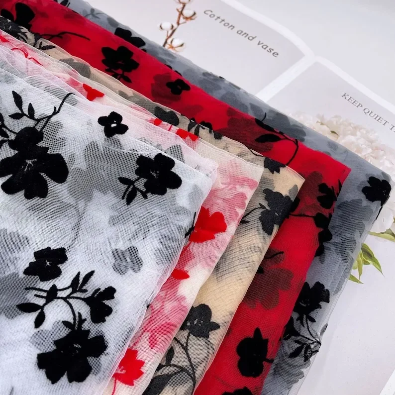 

6 Color Black Flower Flocking Flocked Lace Fabric soft mesh Tulle For Wedding Dress Bridal Veil Tutu dress 51" width